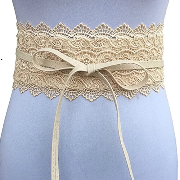 Black Lace faux leather wide boho belt stretch - Picture 7 of 10